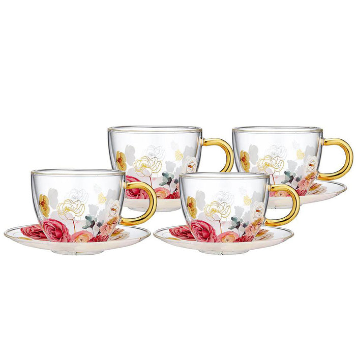 Springtime So D/Walled Glass Cup & Saucer Set Of 4