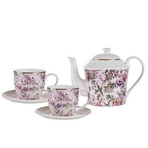 Chinoiserie Pink Teapot & 2 Teacup Set